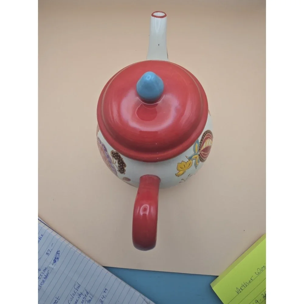 Floral Red TeaPot. Dutch Wax Ceramic with lid. Bright. Colors 7.25